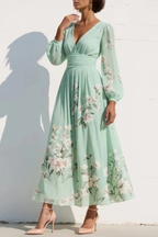 Women's Floral Pleated Wedding Guest Midi Dress – Flowy Evening Occasion Dress