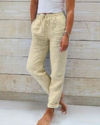 Women's Elastic Waist Straight Leg Pants – Drawstring Pocket Trousers