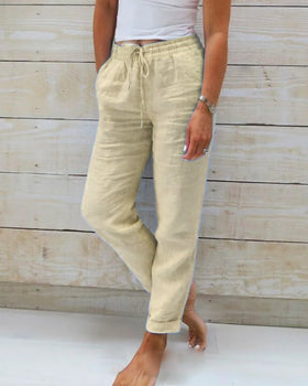 Women's Elastic Waist Straight Leg Pants – Drawstring Pocket Trousers
