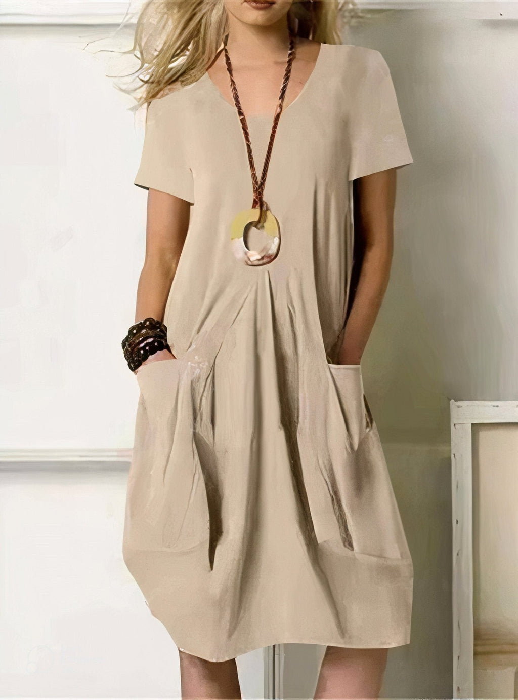 Women's A-Line Midi Dress – Round Neck Pocket Day Dress