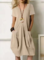 Women's A-Line Midi Dress – Round Neck Pocket Day Dress
