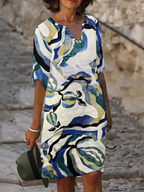 Women's Printed V-Neck Dress – Three-Quarter Sleeve Summer Dress