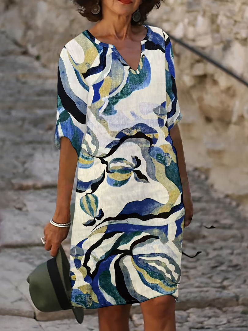 Women's Printed V-Neck Dress – Three-Quarter Sleeve Summer Dress