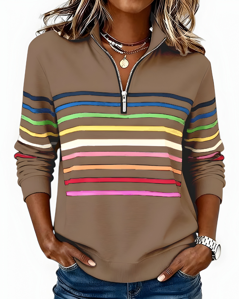 Women's High Neck Zip Sweater – Striped Zip Front Pullover