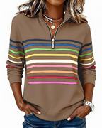 Women's High Neck Zip Sweater – Striped Zip Front Pullover