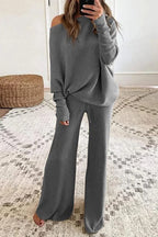 Women's Wide Leg Knit Pants Set – Long Sleeve Top & Coordinated Trousers