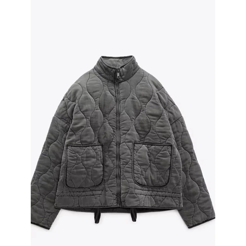 Women's Vintage Winter Jacket – Drawstring Zip-Up Pocket Jacket