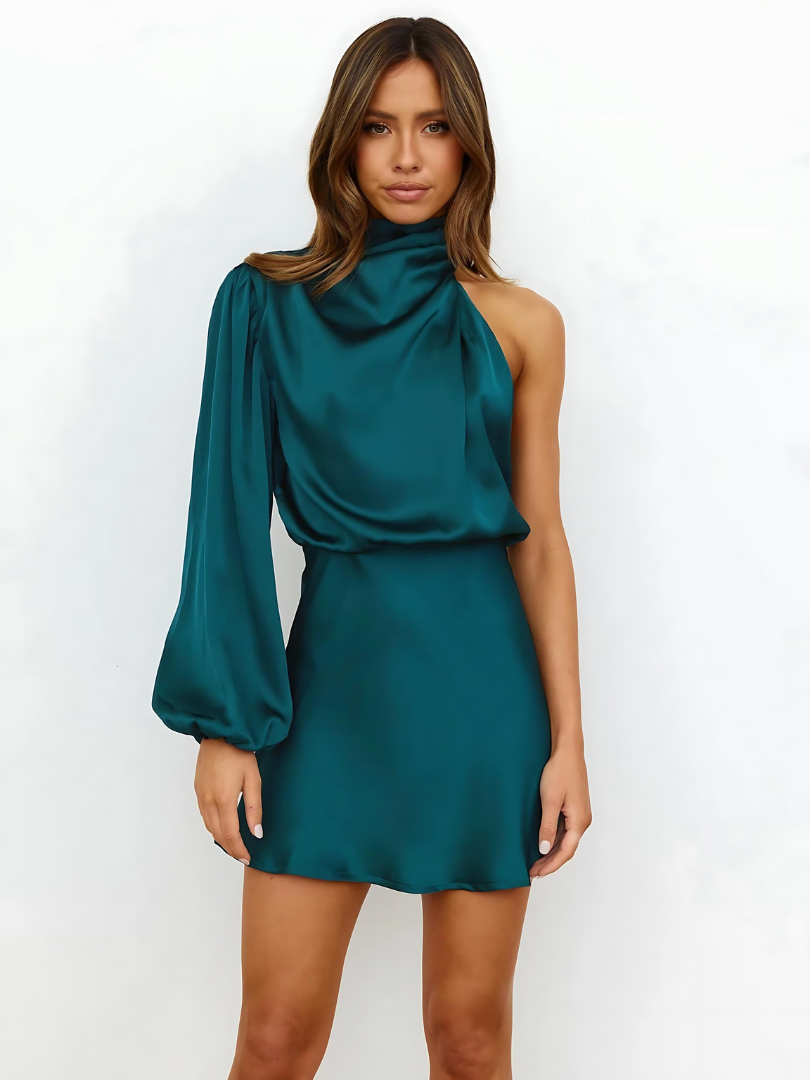Women's One Shoulder Cocktail Dress – Asymmetrical Puff Sleeve Dress