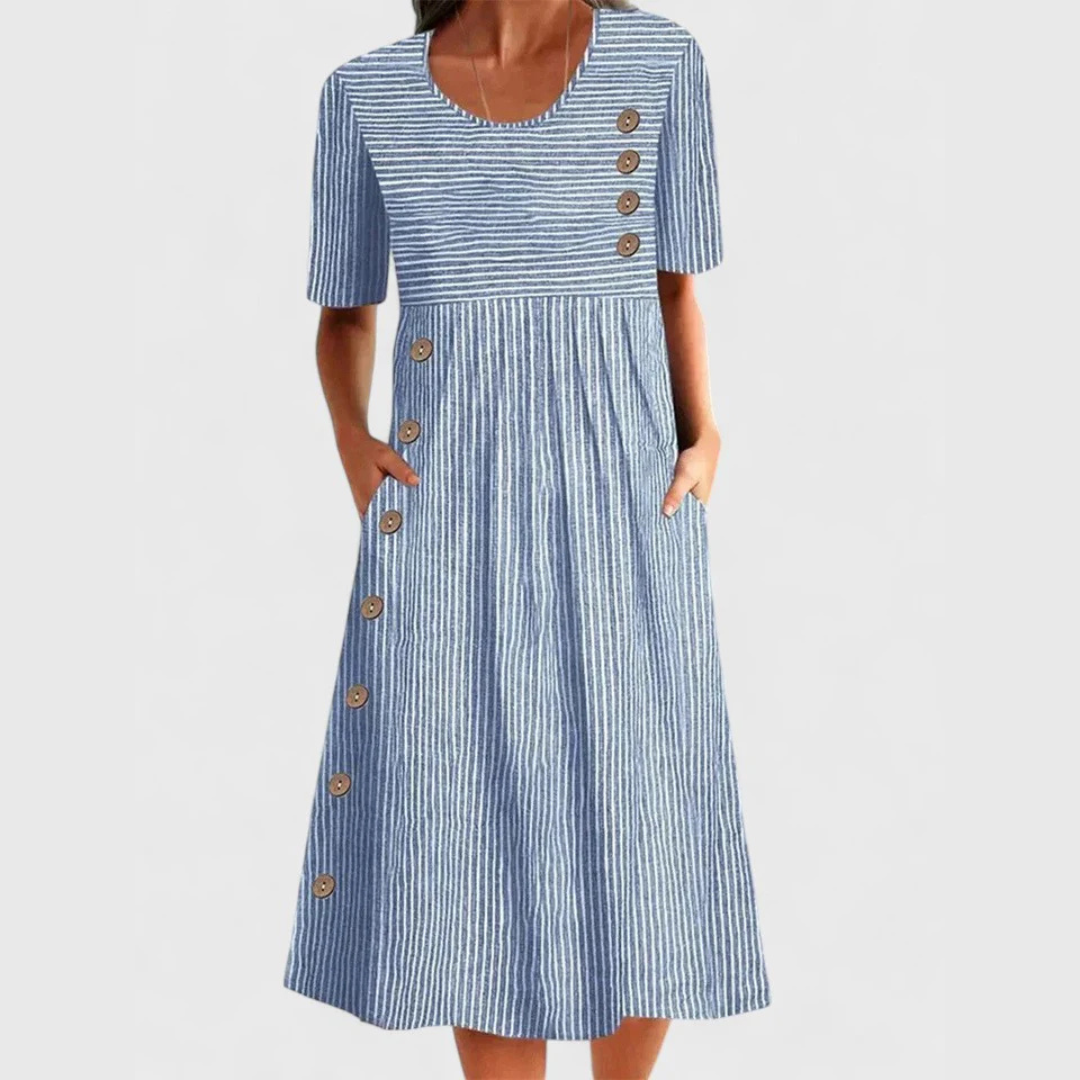 Women's Striped Midi Dress – Three-Quarter Sleeve Flowy Day Dress