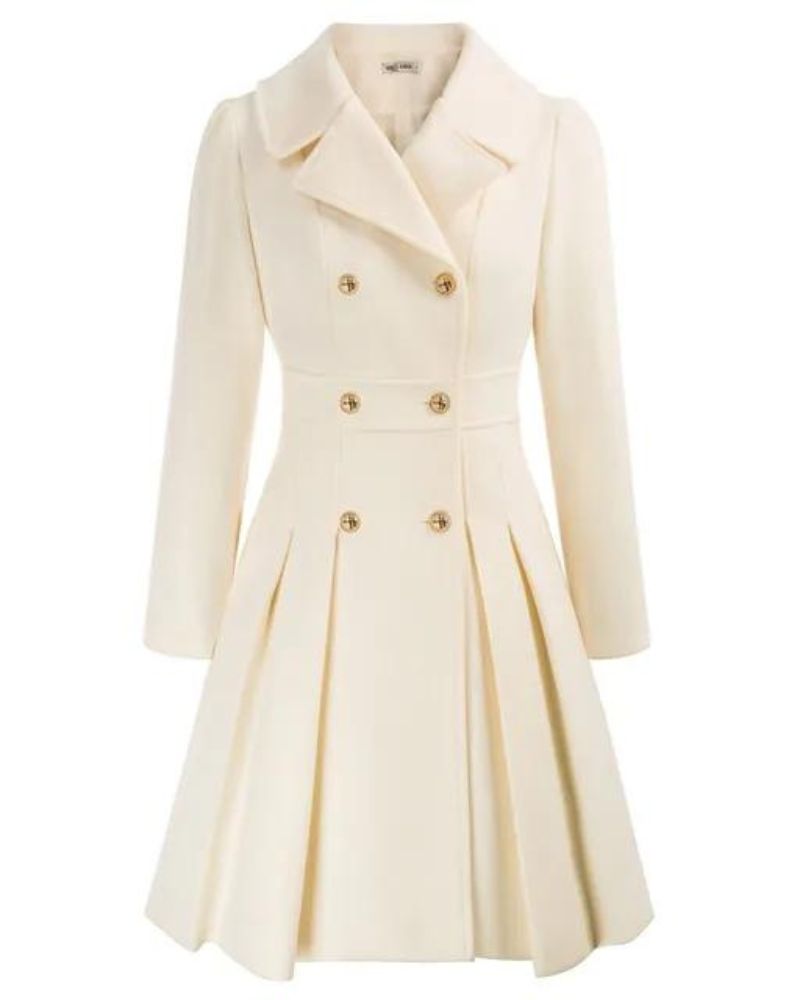 Women's Pleated Long Coat – Tailored Button Front Winter Overcoat