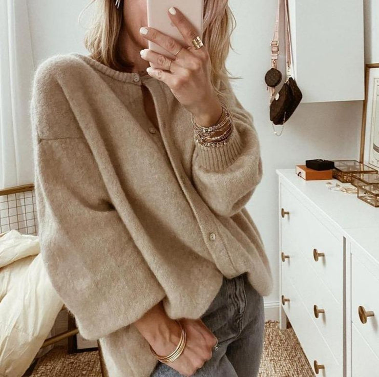 Women's Oversized Ribbed Neck Cardigan – Statement Sleeve Knit Cardigan