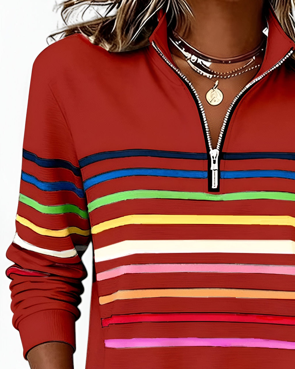 Women's High Neck Zip Sweater – Striped Zip Front Pullover