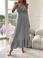 Women's V-Neck Tiered Evening Maxi Dress – Short Sleeve Smocked Waist Dress