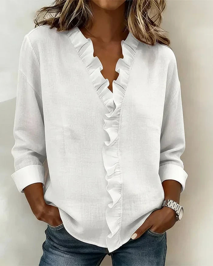 Women's Statement Sleeve Blouse – V-Neck Ruffle Flowy Blouse