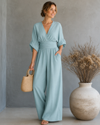Women's V-Neck Wrap Wide Leg Jumpsuit – Cinched Waist Evening Occasion Jumpsuit