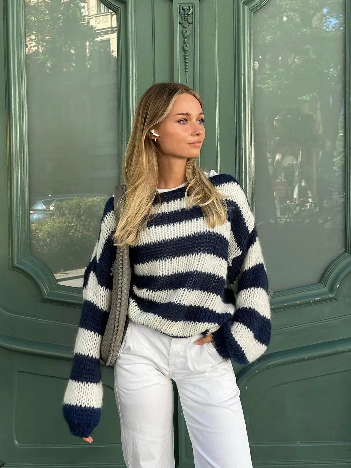 Women's Striped Knit Sweater – Wide Sleeve Oversized Pullover