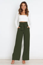 Women's Bow Tie Paperbag Waist Pants – High Rise Wide Leg Trousers