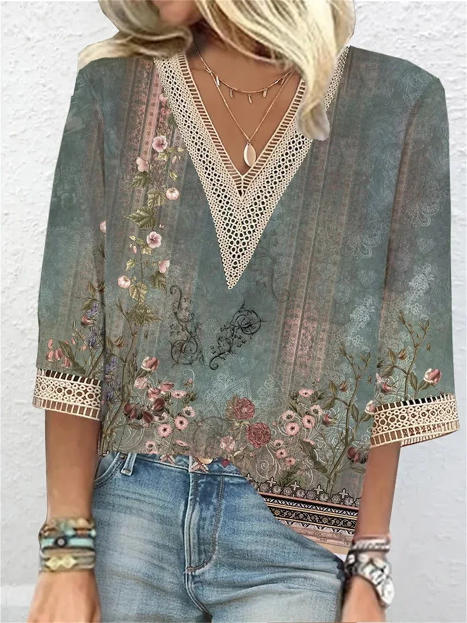 Alanah | Gold Accent Lace Tunic Blouse with v-neck and relaxed fit