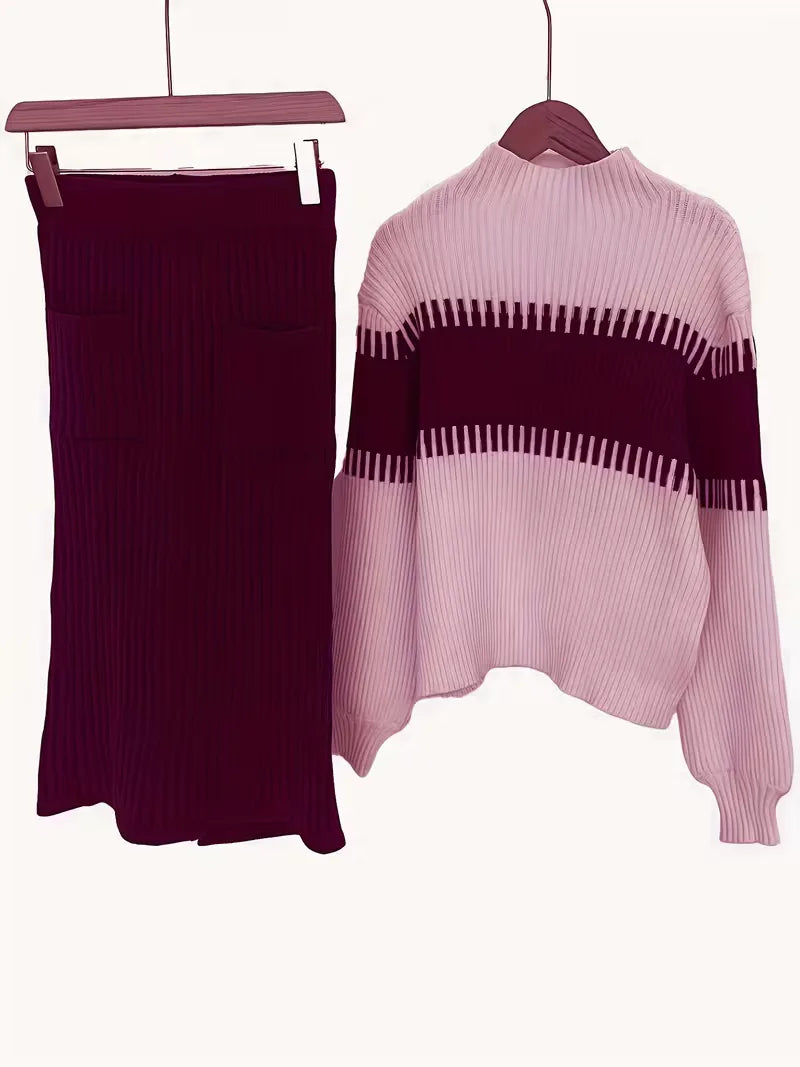 Women's Ribbed Knit Skirt Set – High Neck Sweater Co-Ord