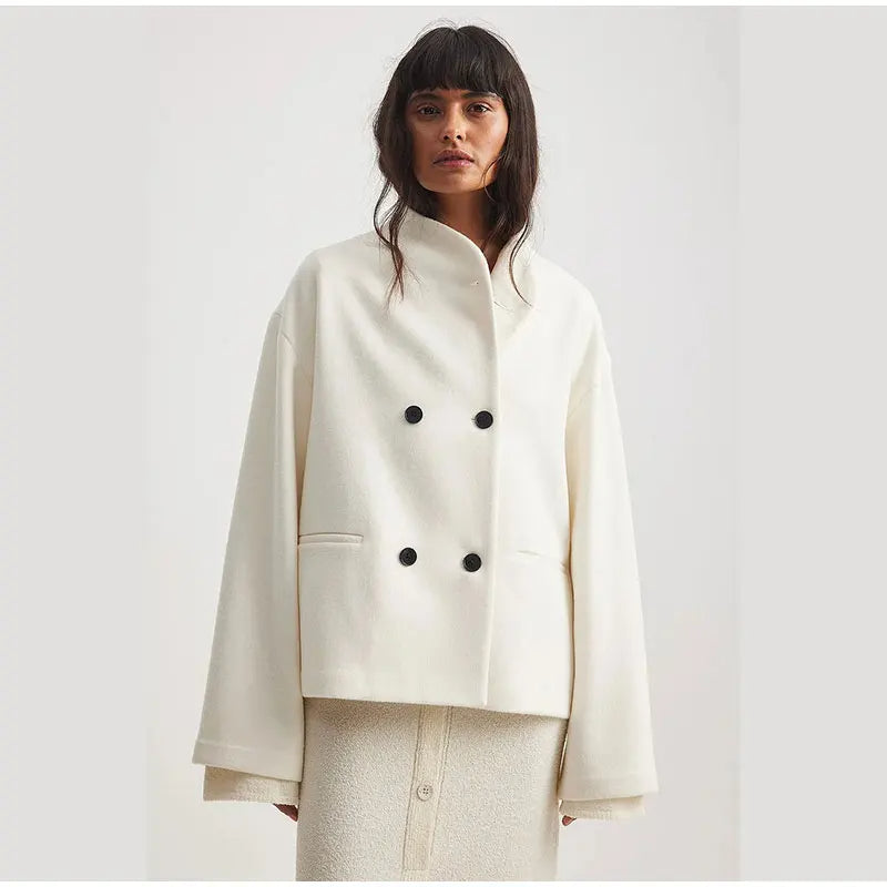 Women's Double-Breasted Winter Coat – Relaxed Stand Collar Overcoat
