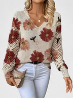 Women's V-Neck Floral Cardigan – Button Front Patterned Knit Cardigan