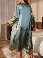 Women's Printed Robe Dress – Belted V-Neck Long Sleeve Wrap Dress