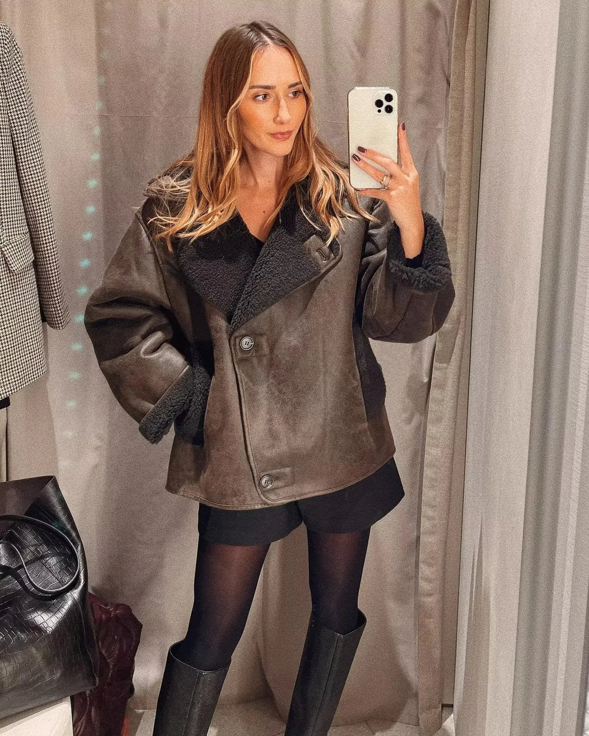 Women's Plush Lined Winter Jacket – Oversized Faux Leather Jacket