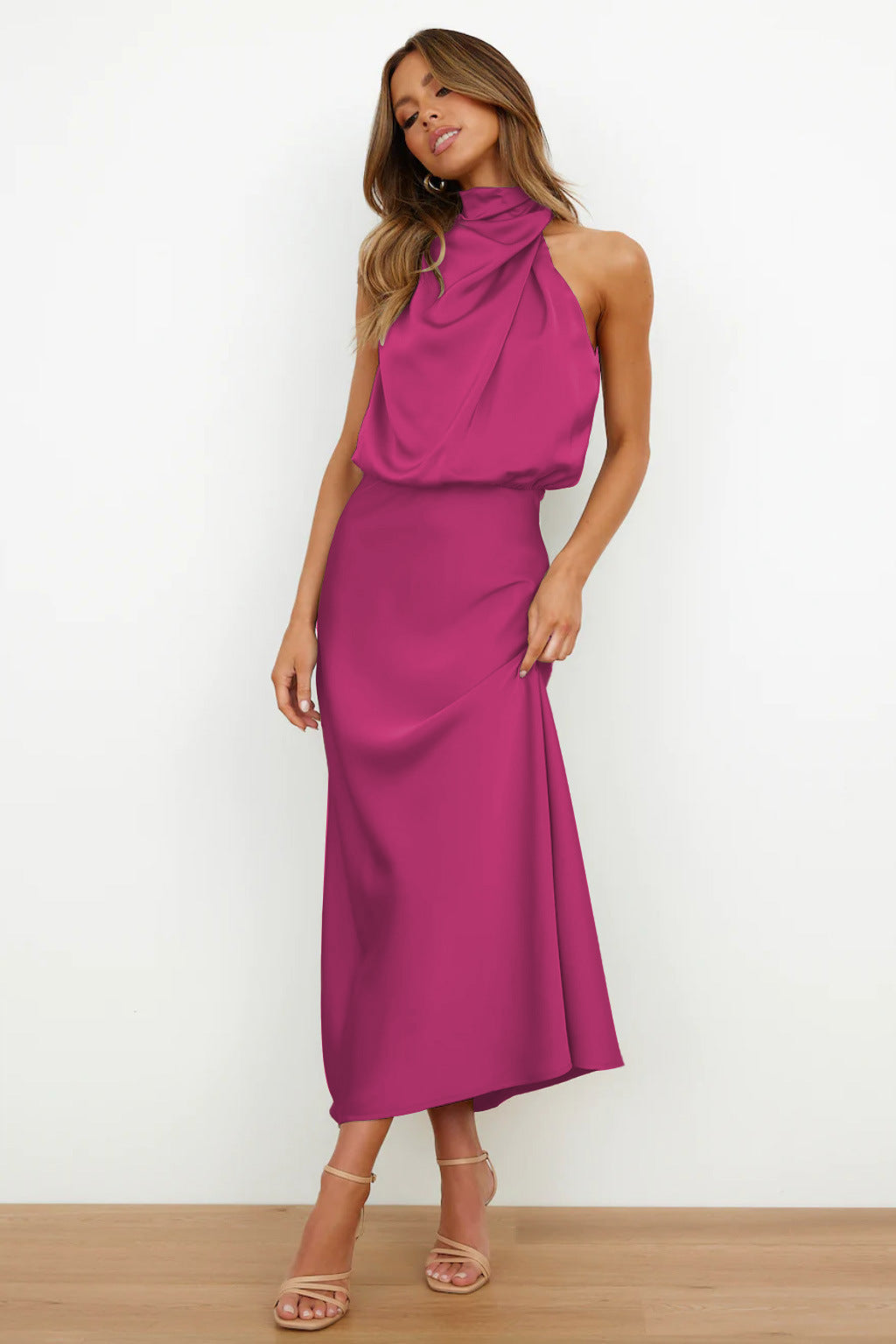Women's Halter Cocktail Midi Dress – Flowy Relaxed Occasion Dress
