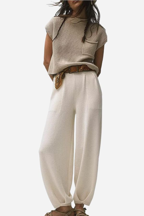 Women's Short Sleeve Pants Set – Crew Neck Top & High Waist Trousers