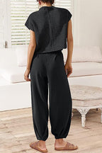 Women's Short Sleeve Pants Set – Crew Neck Top & High Waist Trousers