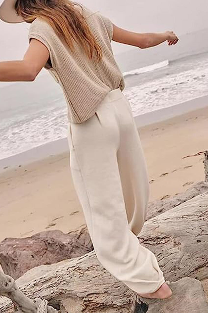 Women's Short Sleeve Pants Set – Crew Neck Top & High Waist Trousers