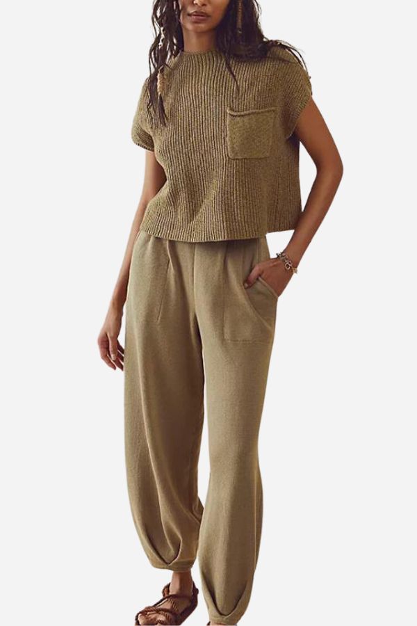 Women's Short Sleeve Pants Set – Crew Neck Top & High Waist Trousers
