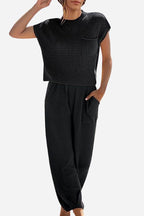 Women's Short Sleeve Pants Set – Crew Neck Top & High Waist Trousers