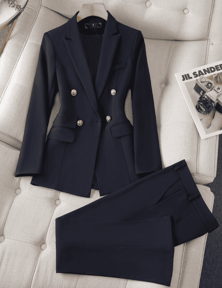Women's Double-Breasted Blazer Suit – Tailored Wide Leg Pants Set
