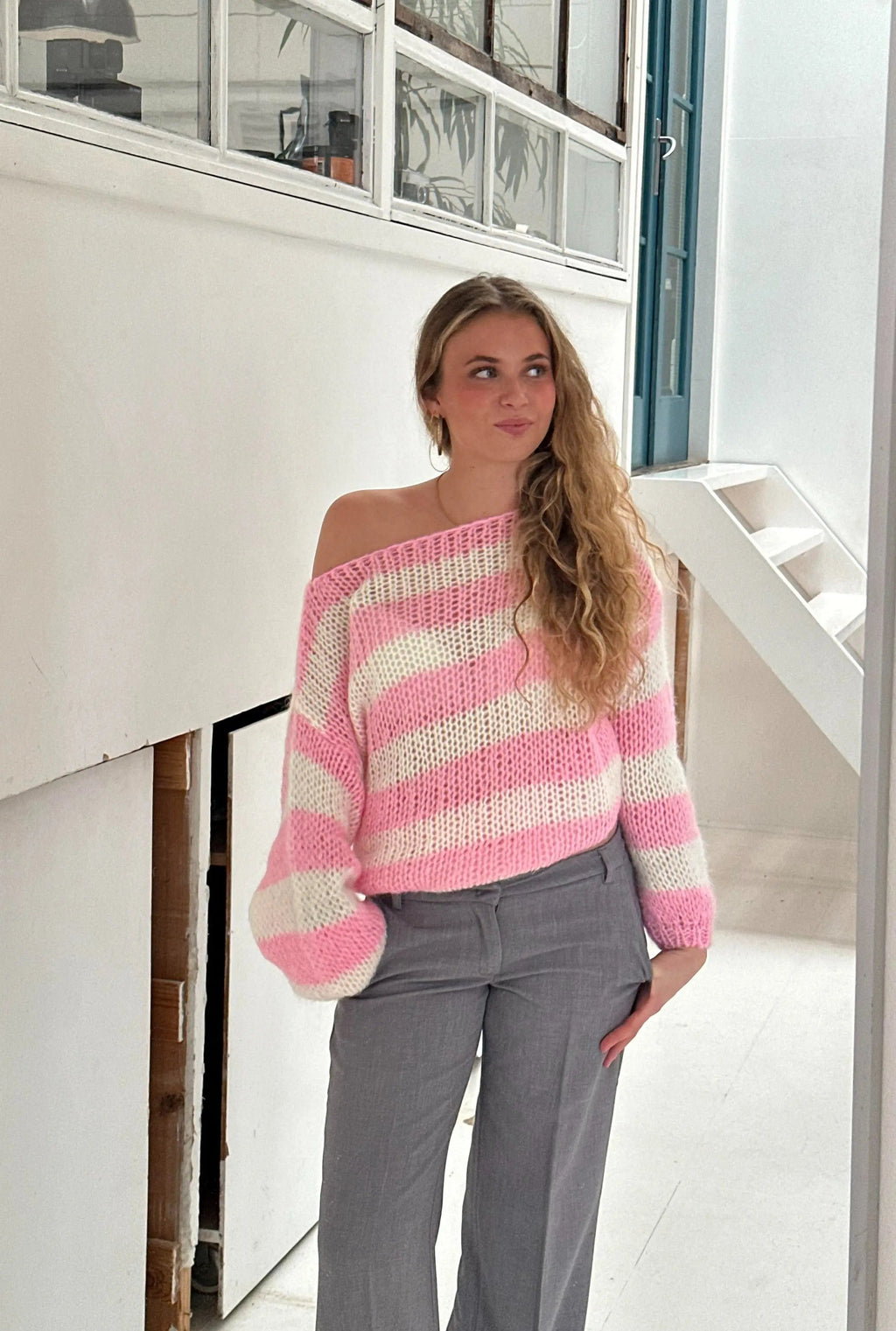 Women's Striped Knit Sweater – Wide Sleeve Oversized Pullover