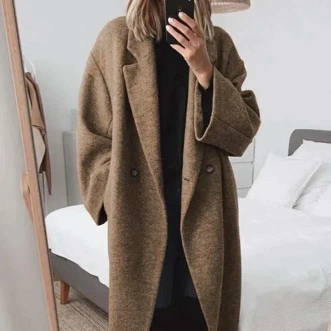 Women's Longline Overcoat – Double-Breasted Wool Coat