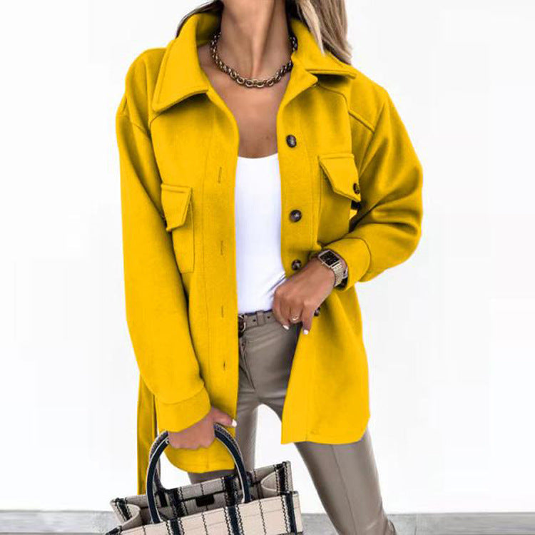 Women's Folded Collar Coat – Mid-Length Button Front Winter Overcoat