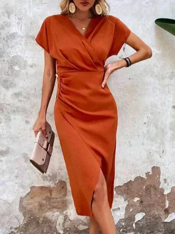 Women's V-Neck Cutout Midi Dress – Wrap Front Fitted Cocktail Dress