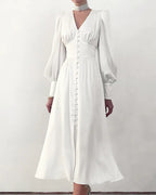 Women's V-Neck Wedding Guest Maxi Dress – Lantern Sleeve Flowy Formal Dress