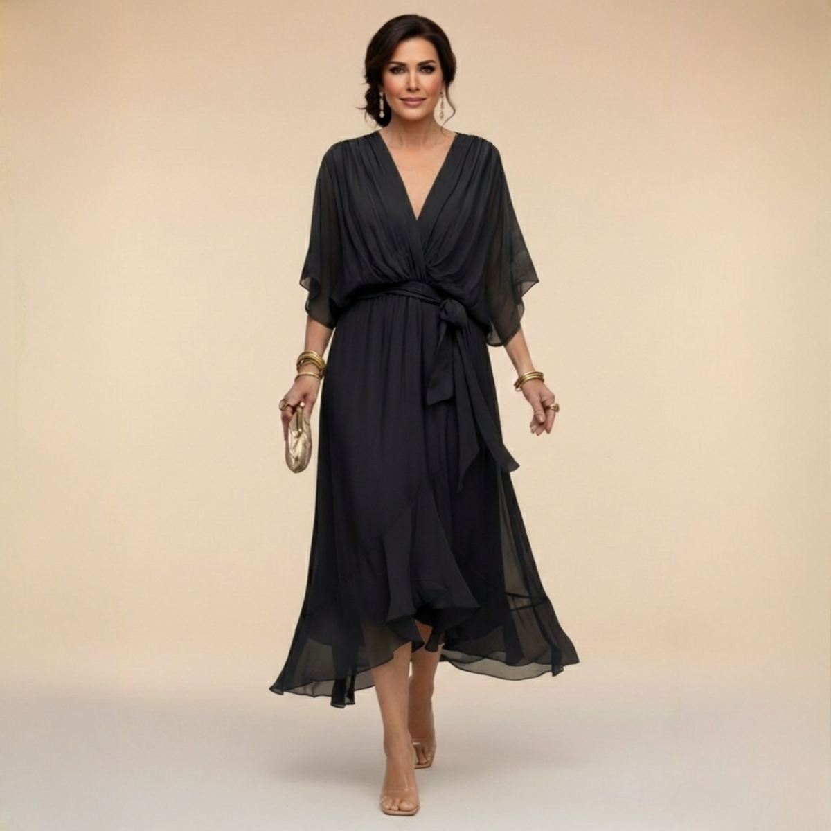 Women's Long Sleeve V-Neck Dress – Flowy Day-to-Evening Occasion Dress