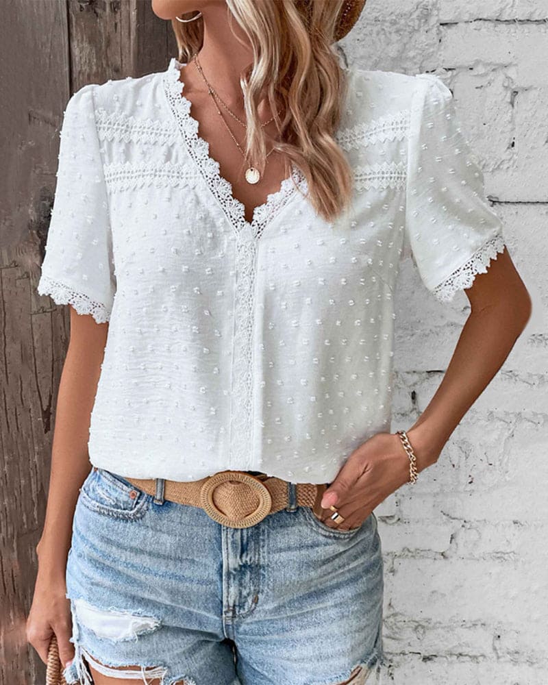 Women's Short Sleeve Lace Blouse – V-Neck Detail Blouse