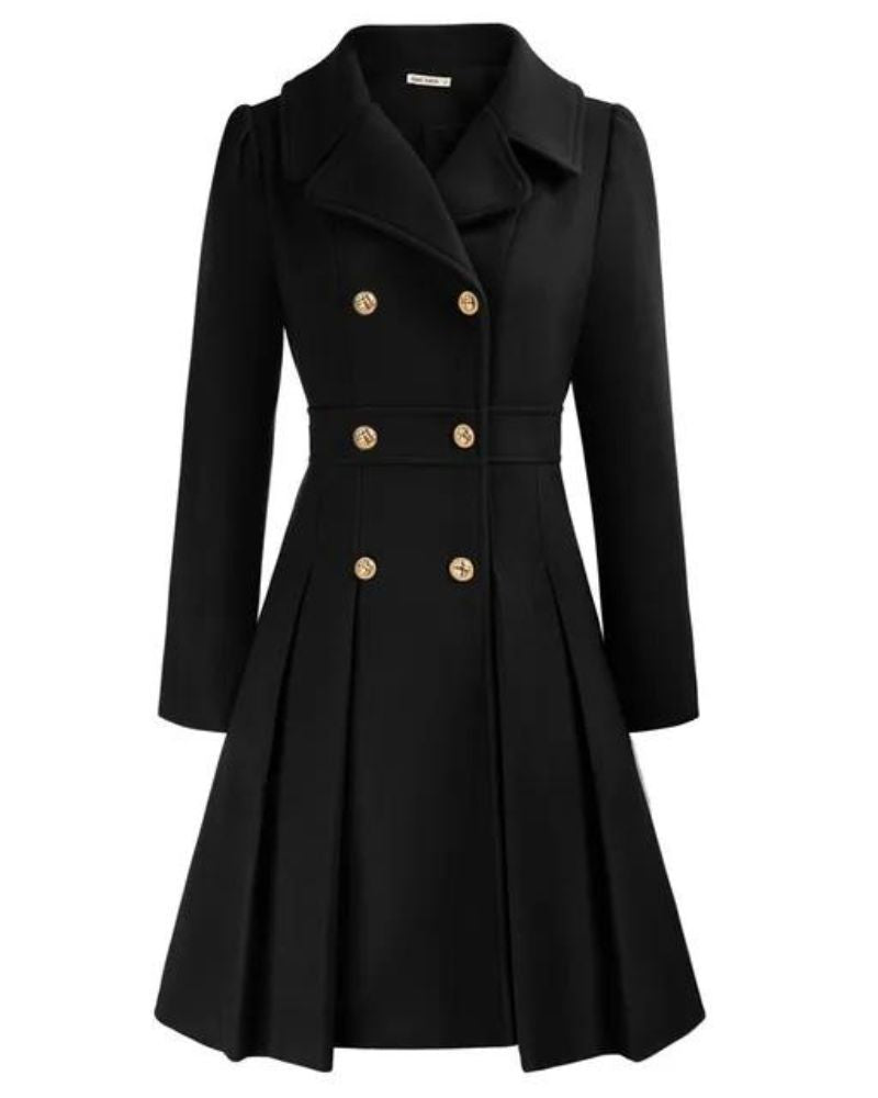 Women's Pleated Long Coat – Tailored Button Front Winter Overcoat
