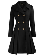 Women's Pleated Long Coat – Tailored Button Front Winter Overcoat
