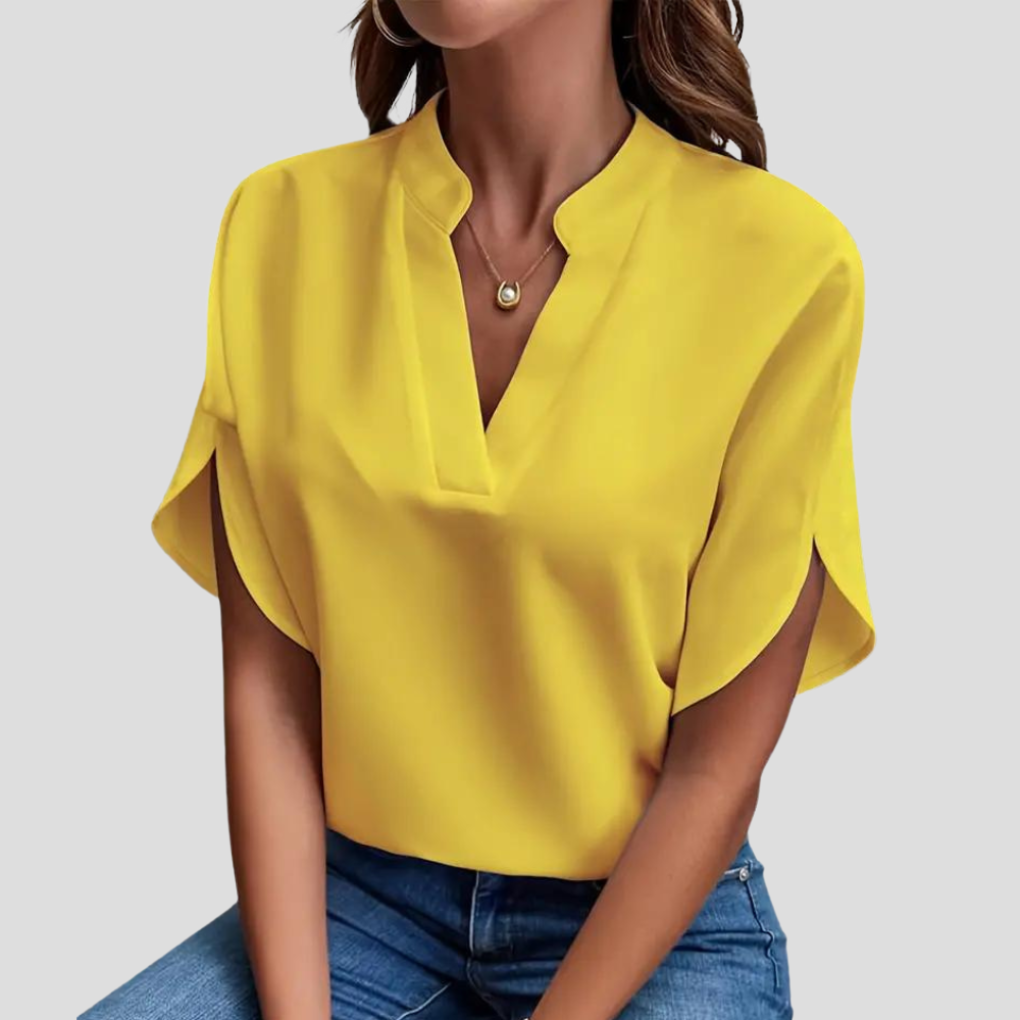 Women's Stand Collar Summer Blouse – Short Sleeve V-Neck Blouse