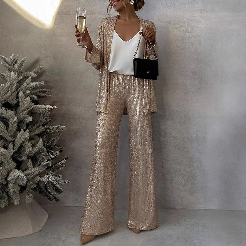 Women's Sequin Evening Set – Fitted Top & High Waist Party Pants Set