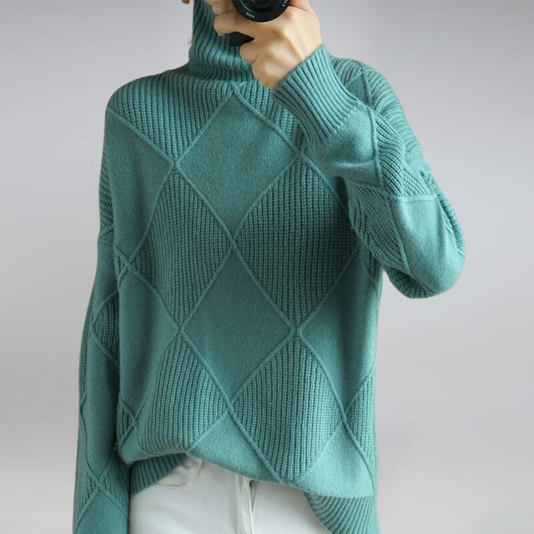 Women's Diamond Knit Sweater – Roll Neck Jumper