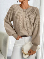 Women's Balloon Sleeve Cable Sweater – Round Neck Knit Pullover