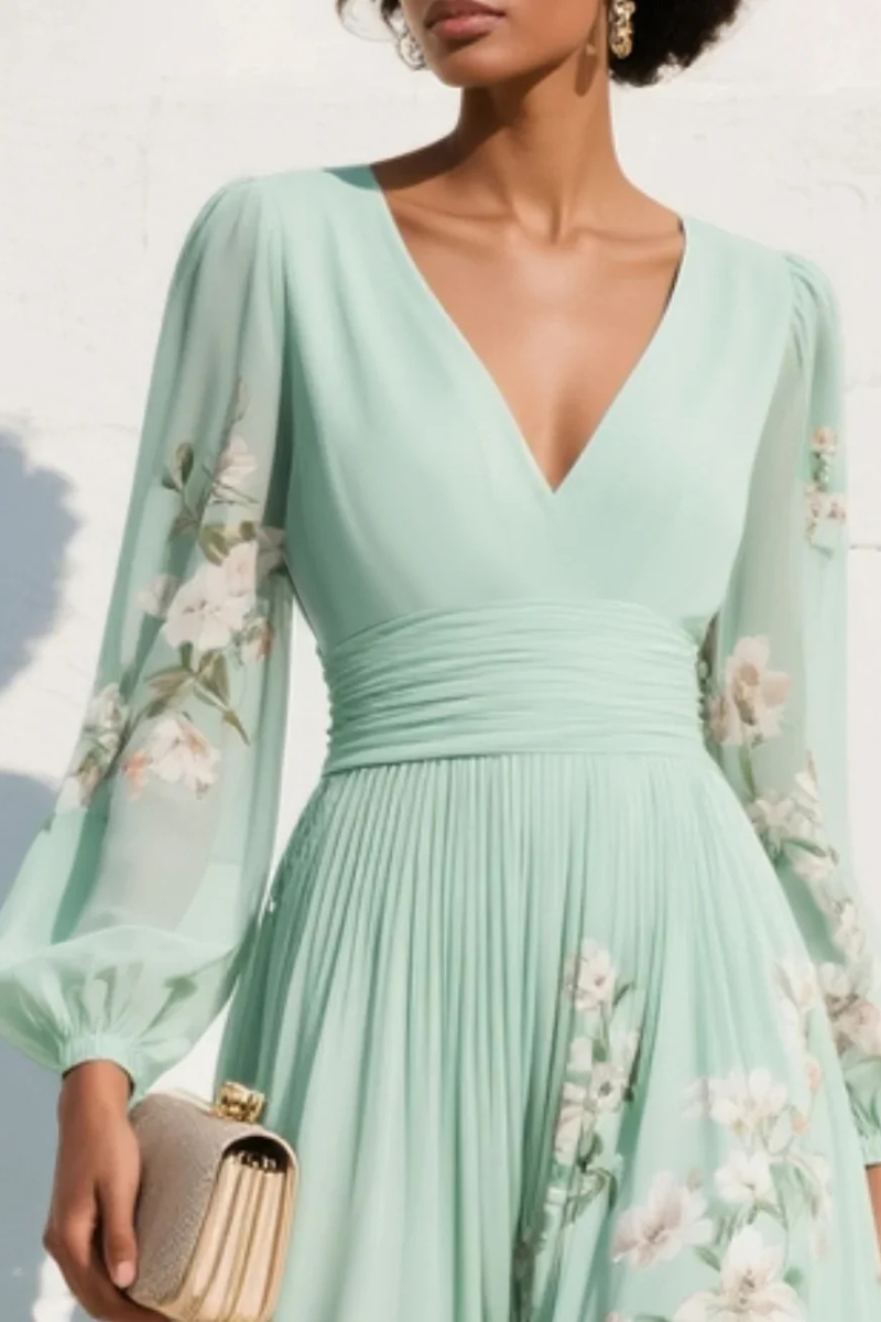 Women's Floral Pleated Wedding Guest Midi Dress – Flowy Evening Occasion Dress