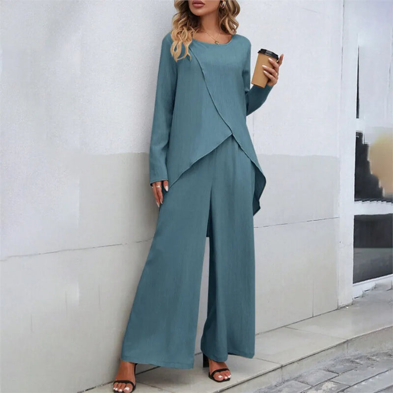Women's Wrap Front Pants Set – Asymmetrical Top & Wide Leg Co-Ord Set