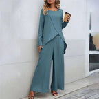 Women's Wrap Front Pants Set – Asymmetrical Top & Wide Leg Co-Ord Set